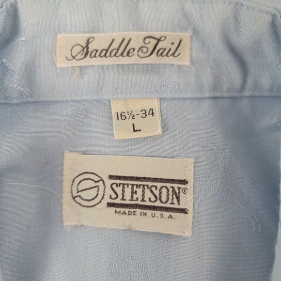 Vtg Stetson Saddle Tail Mens Shirt Sz L Embroidered Horse Pearl Snap Cowboy Blue - Picture 7 of 7